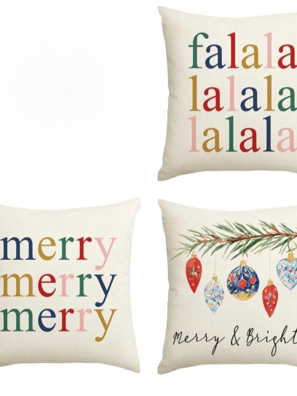 Festive Holiday Throw Pillow Set - Multicolor Merry & Bright. 3 Pieces.
